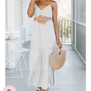 PINK LILY WORTH YOUR WHILE BEIGE TIERED MAXI DRESS